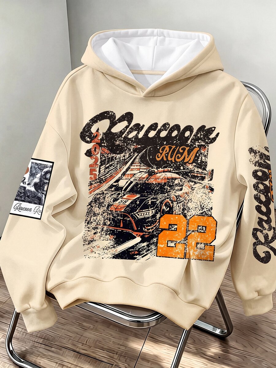 SHEIN Kids Tween Boy Casual Minimalist Y2K Cool Style Hip Hop Rock Graffiti Racing Pattern Sports Style Loose Comfortable Long Sleeve Sweatshirt Suitable For Autumn/Winter - Apricot - View 1