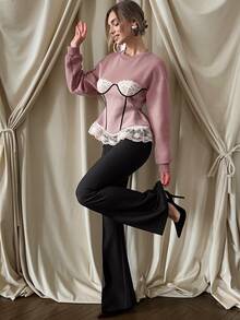 Cévolie Autumn Sweet & Cool Minimalist Sexy Style Lace Patchwork Back Tie Waist Sweatshirt, Gray & Pink Colorblock Trim, Slimming Ruffle Hem, For Daily, Dating, Commuting - Multicolor - View 5