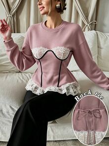 Cévolie Autumn Sweet & Cool Minimalist Sexy Style Lace Patchwork Back Tie Waist Sweatshirt, Gray & Pink Colorblock Trim, Slimming Ruffle Hem, For Daily, Dating, Commuting - Multicolor - View 4