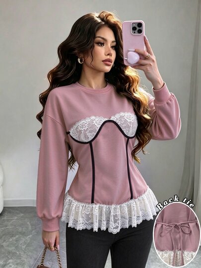 Cévolie Autumn Sweet & Cool Minimalist Sexy Style Lace Patchwork Back Tie Waist Sweatshirt, Gray & Pink Colorblock Trim, Slimming Ruffle Hem, For Daily, Dating, Commuting