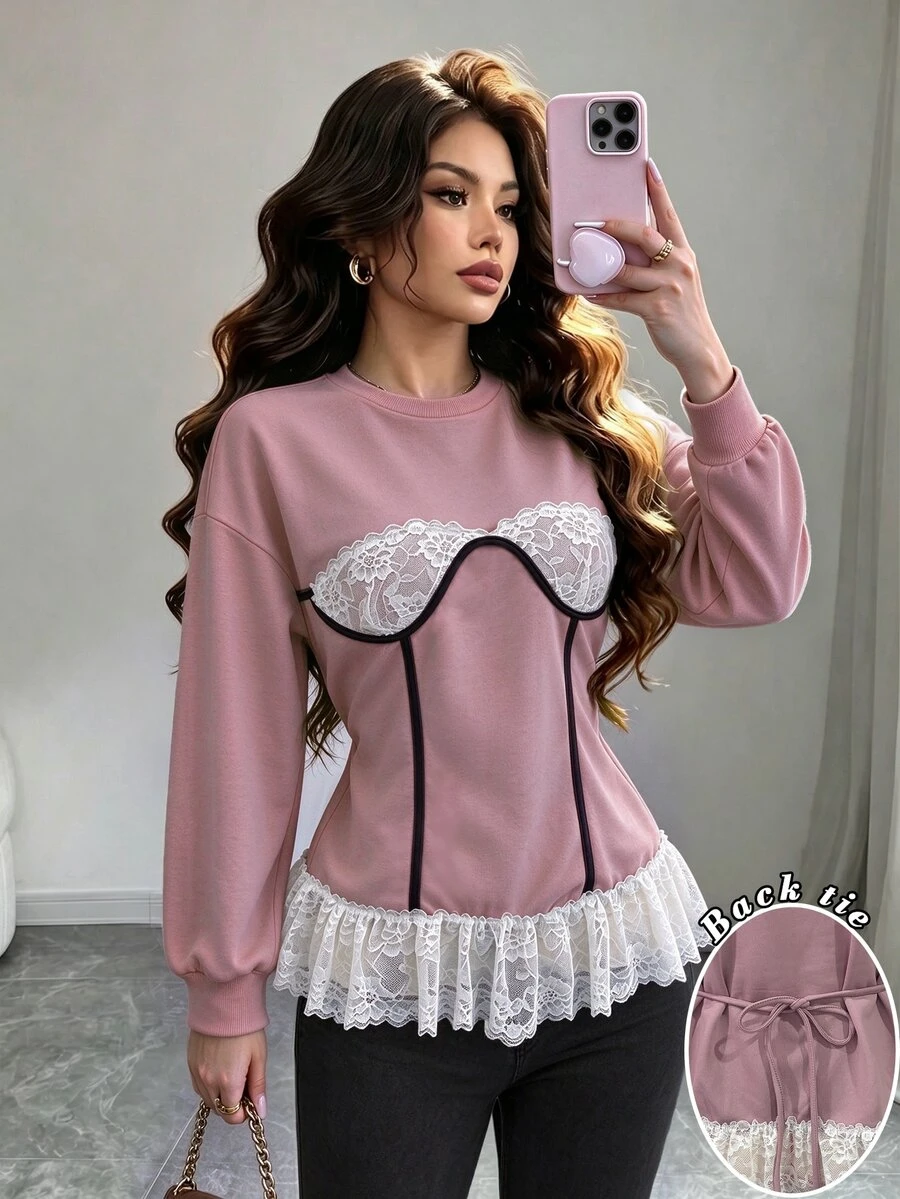 Cévolie Autumn Sweet & Cool Minimalist Sexy Style Lace Patchwork Back Tie Waist Sweatshirt, Gray & Pink Colorblock Trim, Slimming Ruffle Hem, For Daily, Dating, Commuting - Multicolor - View 1