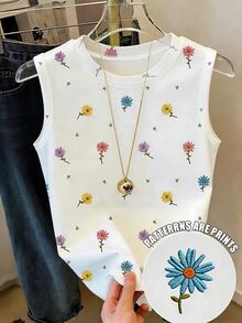 Franclia [Printed Design] Plus Size Women's Simple Cute Casual Fairy Versatile Daisy Print Round Neck Tank Top Vacation Formal Floral White Summer Formal Wedding Guest - White - View 1