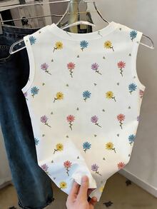 Franclia [Printed Design] Plus Size Women's Simple Cute Casual Fairy Versatile Daisy Print Round Neck Tank Top Vacation Formal Floral White Summer Formal Wedding Guest - White - View 2