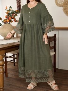 Lacomfia Plus Size Women Vintage Floral Lace Patchwork A-Line Dress Fall - Green - View 4
