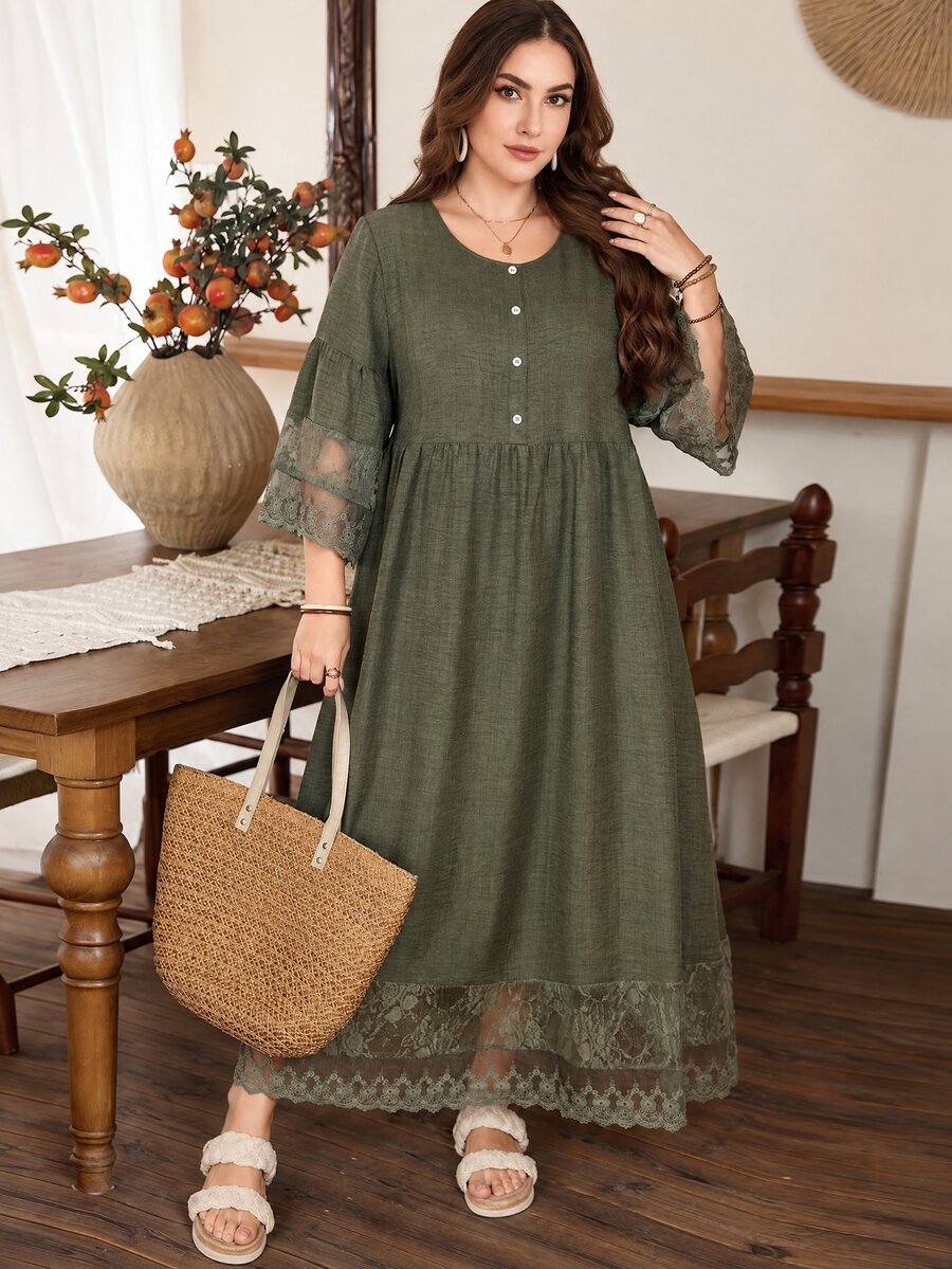 Lacomfia Plus Size Women Vintage Floral Lace Patchwork A-Line Dress Fall - Green - View 1