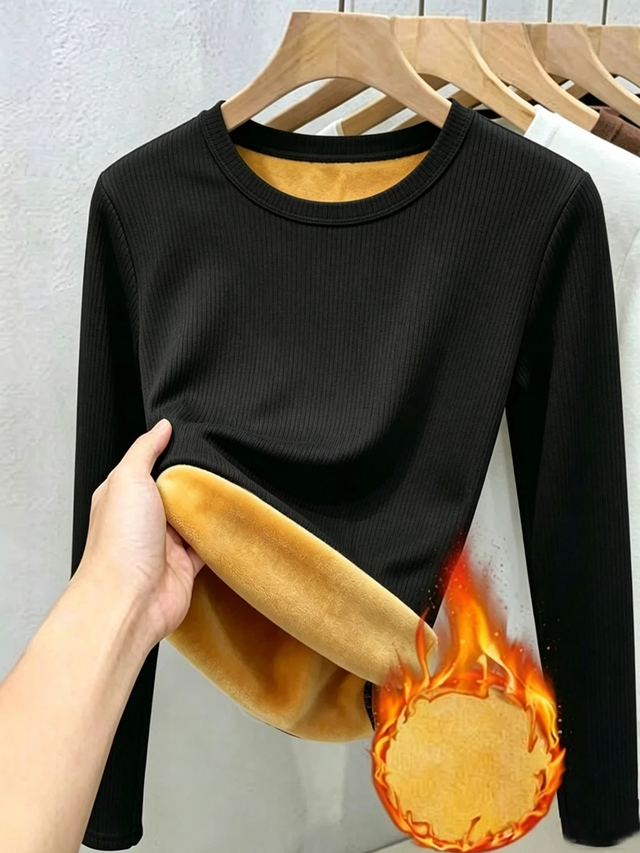 DAZY Women's Fashion Textured Long Sleeve Crew Neck T-Shirt, Simple All-Match Casual Versatile Everyday Home Travel Day Time Black Winter Fall Everyday House - Black - View 1
