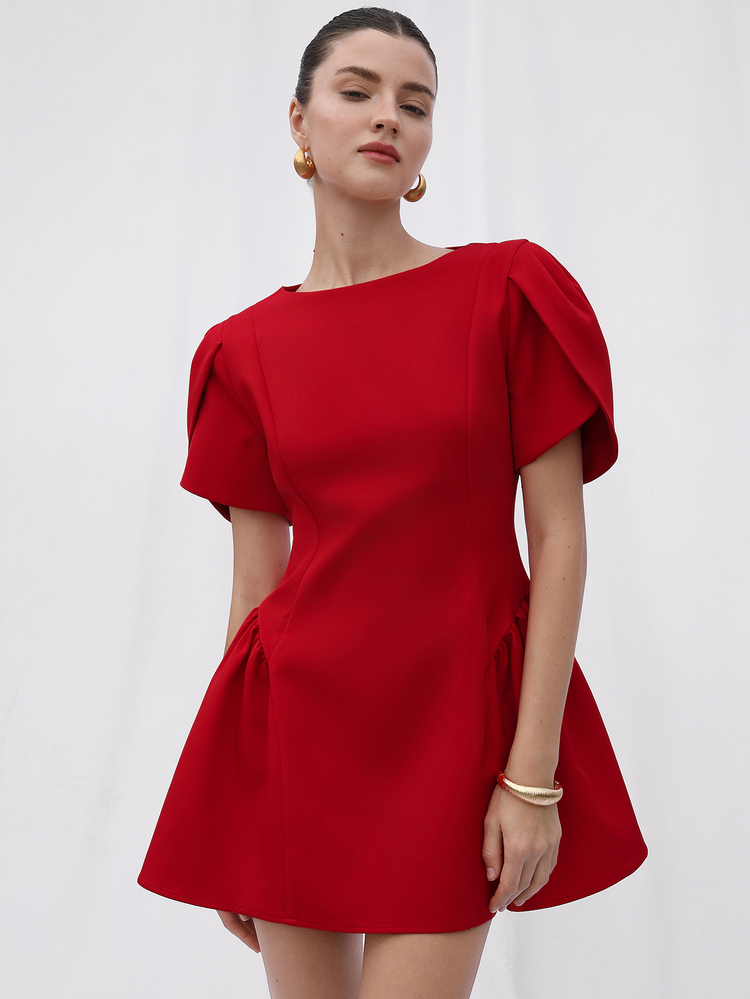 BELROSIE Princess Short Tulip Print Puff Spliced Hem Round Neck Short Sleeve Dress Elegant FashionableOld Money Style  For Summer - Red - View 7
