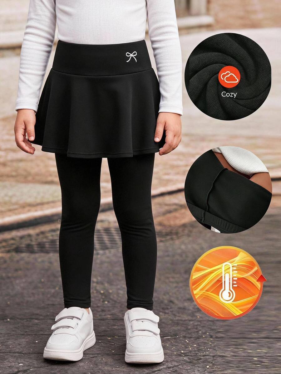 SHEIN 女童秋冬可愛蝴蝶結印花黑色加厚打底褲，百搭休閒裙褲，適合秋冬季節，戶外運動穿著，秋季服飾，聖誕，冬季服飾，黑色裙子 - 黑色 - 查看 1
