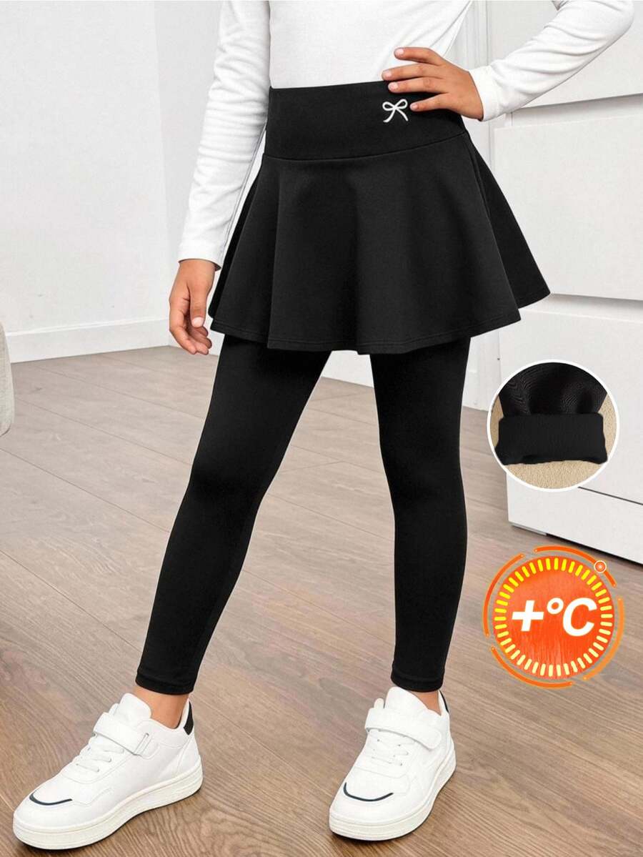 SHEIN 女童秋冬可愛蝴蝶結印花黑色加厚內搭褲，百搭休閒內搭褲裙，適合秋冬季節、戶外運動、學校、日常休閒穿著、秋季服飾、聖誕節、冬季服飾 - 黑色 - 查看 1
