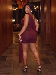 Slaydiva Sexy Street Date Party Women Slim Fit High Elastic Digital Print Mesh Ribbon Pleated Asymmetrical Shoulder Twisted Design Mini Dress Plus Size Dress - Burgundy - Burgundy - View 3