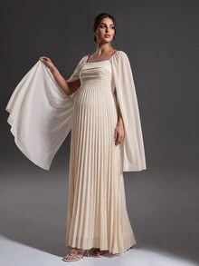 Cheriluna Maternity Elegant Solid Color Pleated Maternity Dress - Apricot - View 4