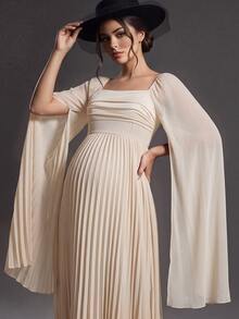 Cheriluna Maternity Elegant Solid Color Pleated Maternity Dress - Apricot - View 3