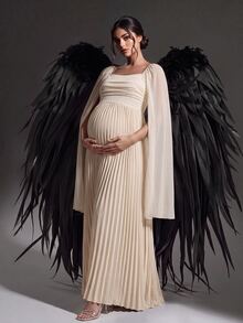 Cheriluna Maternity Elegant Solid Color Pleated Maternity Dress - Apricot - View 7