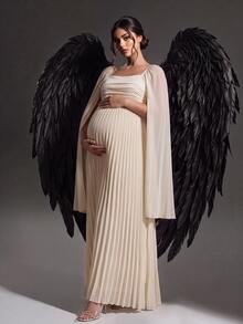 Cheriluna Maternity Elegant Solid Color Pleated Maternity Dress - Apricot - View 6