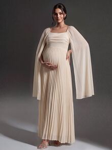 Cheriluna Maternity Elegant Solid Color Pleated Maternity Dress - Apricot - View 1
