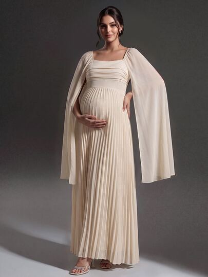 Cheriluna Maternity Elegant Solid Color Pleated Maternity Dress