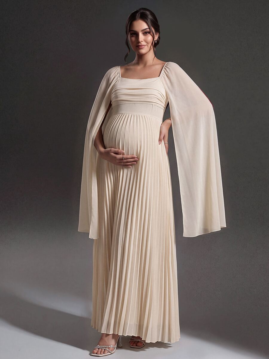 Cheriluna Maternity Elegant Solid Color Pleated Maternity Dress - Apricot - View 1
