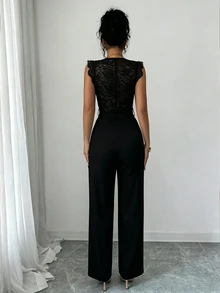 SHEIN Elenzya 女款蕾絲拼接連身褲附腰帶，時尚戶外穿搭夏季女裝春季婚禮優雅休閒黃色 - 黑色 - 查看 2