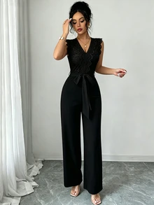 SHEIN Elenzya 女款蕾絲拼接連身褲附腰帶，時尚戶外穿搭夏季女裝春季婚禮優雅休閒黃色 - 黑色 - 查看 4