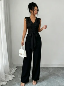 SHEIN Elenzya 女款蕾絲拼接連身褲附腰帶，時尚戶外穿搭夏季女裝春季婚禮優雅休閒黃色 - 黑色 - 查看 5