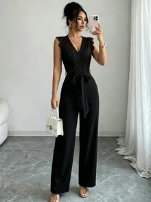 SHEIN Elenzya 女款蕾絲拼接連身褲附腰帶，時尚戶外穿搭夏季女裝春季婚禮優雅休閒黃色 - 黑色 - 查看 6