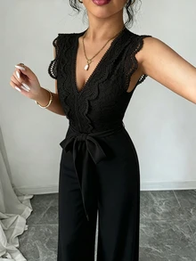 SHEIN Elenzya 女款蕾絲拼接連身褲附腰帶，時尚戶外穿搭夏季女裝春季婚禮優雅休閒黃色 - 黑色 - 查看 3