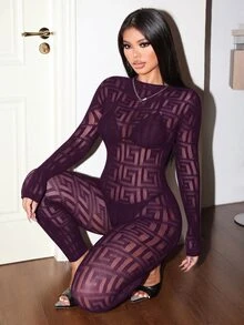 BamGleam 時尚性感女款網紗緊身連身褲，深紫色，適合萬聖節、夜店派對，秋季穿搭 - 紫色 - 查看 7