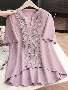 Lacomfia Women's Loose Fit Embroidered Patch Short Sleeve Casual Blouse, Plus Size Gym Brown Summer - Pink - View 6