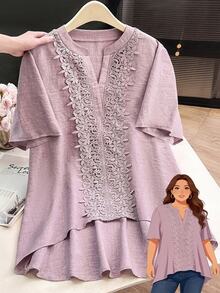 Lacomfia Women's Loose Fit Embroidered Patch Short Sleeve Casual Blouse, Plus Size Gym Brown Summer - Pink - View 3