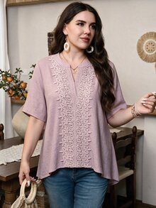 Lacomfia Women's Loose Fit Embroidered Patch Short Sleeve Casual Blouse, Plus Size Gym Brown Summer - Pink - View 1