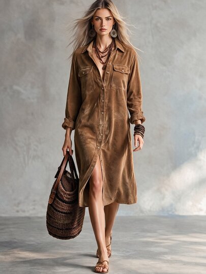 Trelyra Women's Corduroy Dress, Elegant Retro Casual Business Travel Office Vacation Wear, Flattering Fit Shades Of Brown Autumn