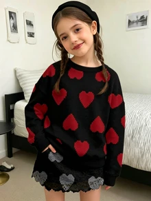 Tween Girl Casual Minimalist Loose Crew Neck Comfortable Long Sleeve Sweatshirt For Autumn/Winter, Classic Pixel Heart Pattern Print, - White - View 2