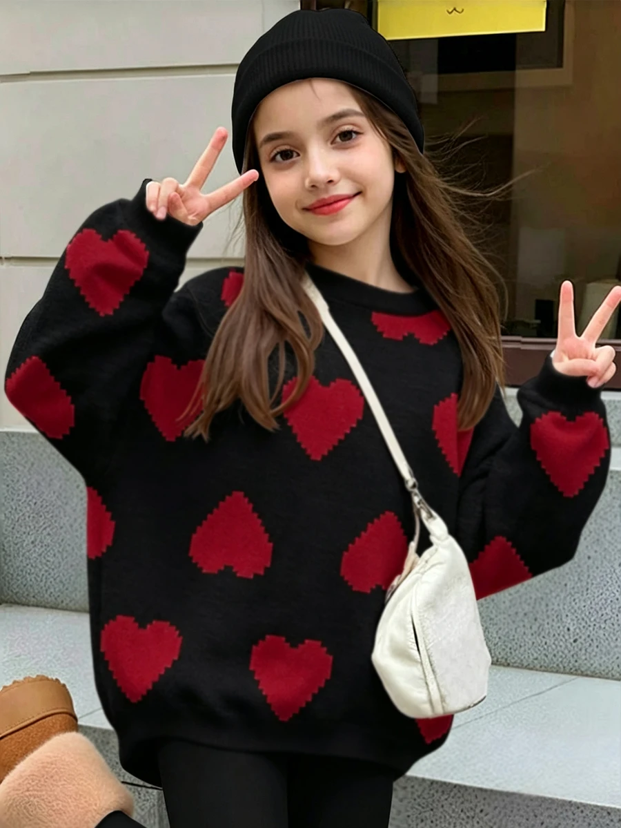 Tween Girl Casual Minimalist Loose Crew Neck Comfortable Long Sleeve Sweatshirt For Autumn/Winter, Classic Pixel Heart Pattern Print, - White - View 1