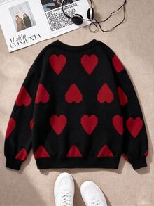 Tween Girl Casual Minimalist Loose Crew Neck Comfortable Long Sleeve Sweatshirt For Autumn/Winter, Classic Pixel Heart Pattern Print, - White - View 4