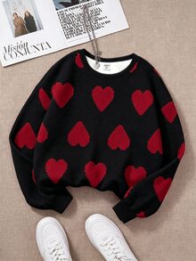 Tween Girl Casual Minimalist Loose Crew Neck Comfortable Long Sleeve Sweatshirt For Autumn/Winter, Classic Pixel Heart Pattern Print, - White - View 5