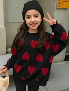 Tween Girl Casual Minimalist Loose Crew Neck Comfortable Long Sleeve Sweatshirt For Autumn/Winter, Classic Pixel Heart Pattern Print, - White - View 3