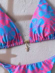SHEIN Swim 2件組女款隨機碎花印花細肩帶性感比基尼泳衣套裝，夏季 - 彩色 - 查看 6
