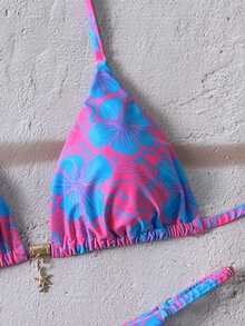 SHEIN Swim 2件組女款隨機碎花印花細肩帶性感比基尼泳衣套裝，夏季 - 彩色 - 查看 5