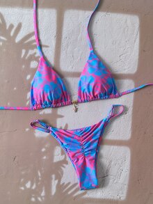 SHEIN Swim 2件組女款隨機碎花印花細肩帶性感比基尼泳衣套裝，夏季 - 彩色 - 查看 3