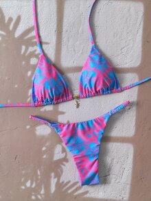 SHEIN Swim 2件組女款隨機碎花印花細肩帶性感比基尼泳衣套裝，夏季 - 彩色 - 查看 4