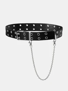 Aravennia 1pc Punk Style Eyelet Belt, Unisex Hip Hop PU Belt - Black - View 4