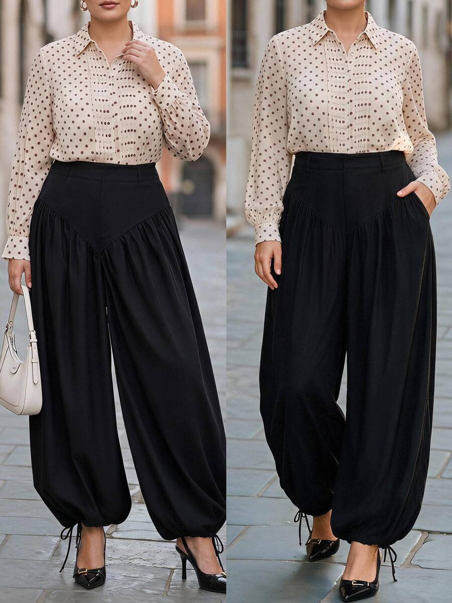 Chikora Plus Size Fashion High Waist Casual Elegant Balloon Pants Autumn Formal Vacation Graduation Black Chic Unique - Black - View 1