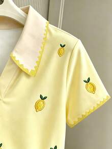 Resyla [Printed Design] Women's Vacation Casual Short Sleeve Polo Shirt - Yellow - View 4