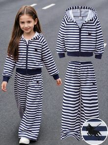 SHEIN 2pcs Young Girl 4-7Y Preppy Classic Striped Hooded Long Sleeve Zip Up Sweatshirt & Wide Leg Pants Set For Autumn School Sport Day Travel Outing - Black and White - View 5