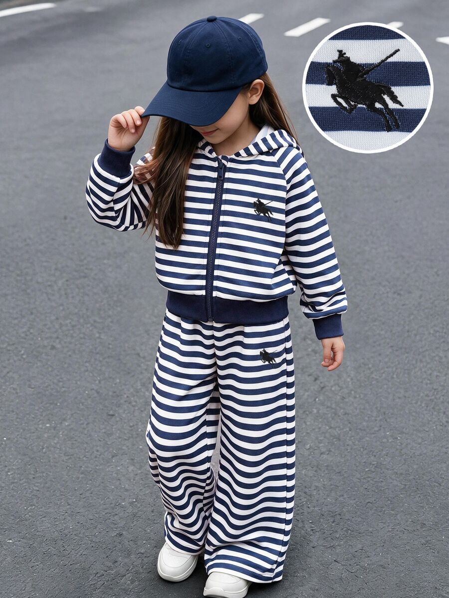 SHEIN 2pcs Young Girl 4-7Y Preppy Classic Striped Hooded Long Sleeve Zip Up Sweatshirt & Wide Leg Pants Set For Autumn School Sport Day Travel Outing