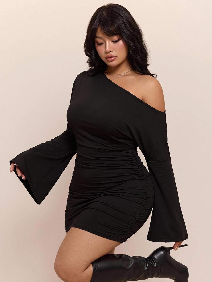 CovetEZ Autumn/Winter New Solid Color Asymmetrical Collar Flared Sleeve Slim Fit Plus Size Dress - Black - View 1