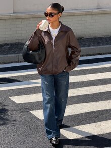 SHEIN EZwear Drop Shoulder Zip Up PU Cropped Leather Jacket In Fall/Winter - Coffee Brown - View 5