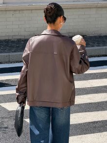 SHEIN EZwear Drop Shoulder Zip Up PU Cropped Leather Jacket In Fall/Winter - Coffee Brown - View 2