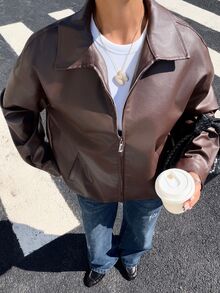 SHEIN EZwear Drop Shoulder Zip Up PU Cropped Leather Jacket In Fall/Winter - Coffee Brown - View 3