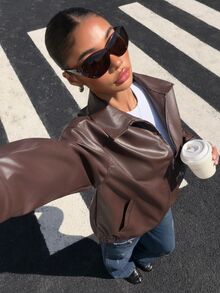 SHEIN EZwear Drop Shoulder Zip Up PU Cropped Leather Jacket In Fall/Winter - Coffee Brown - View 4